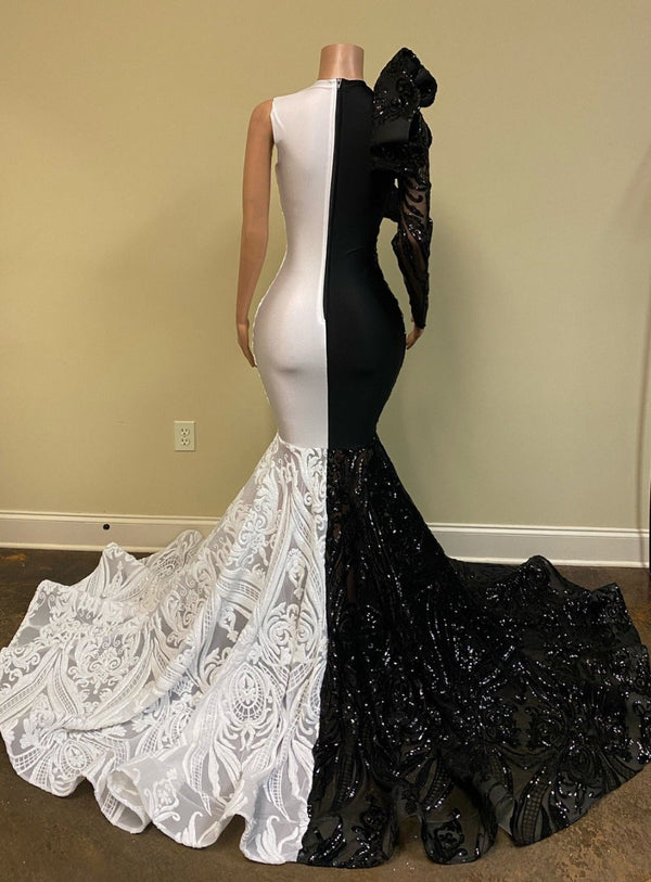 Showprettydess Black & White Lace Long Sleeves Mermaid Prom Dress with Sequins-showprettydress