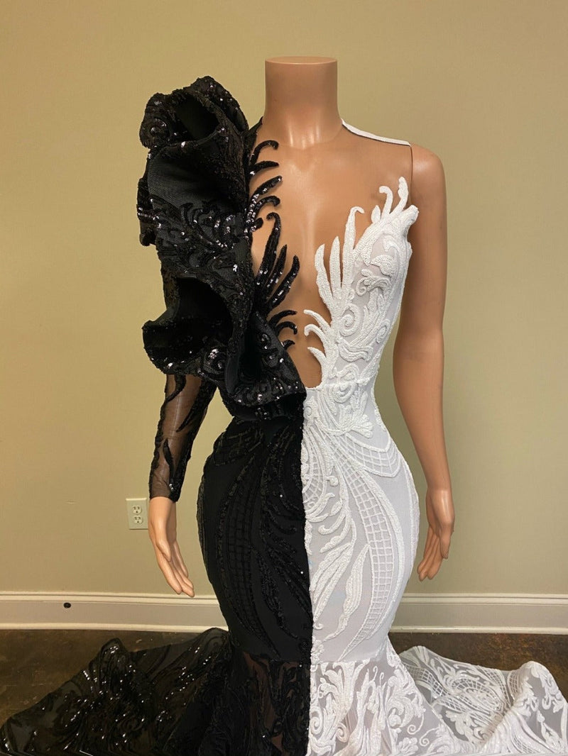 Showprettydess Black & White Lace Long Sleeves Mermaid Prom Dress with Sequins-showprettydress