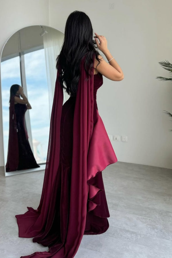 Showprettydess Burgundy Strapless Velvet Long Prom Dress Sleeveless-showprettydress