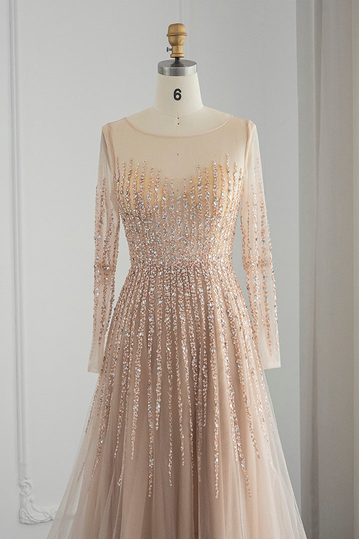 Showprettydess Champagne Jewel Neck A-Line Prom Dress with Long Sleeves, Tulle & Appliques-showprettydress