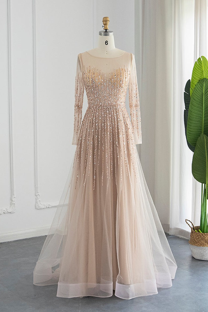 Showprettydess Champagne Jewel Neck A-Line Prom Dress with Long Sleeves, Tulle & Appliques-showprettydress