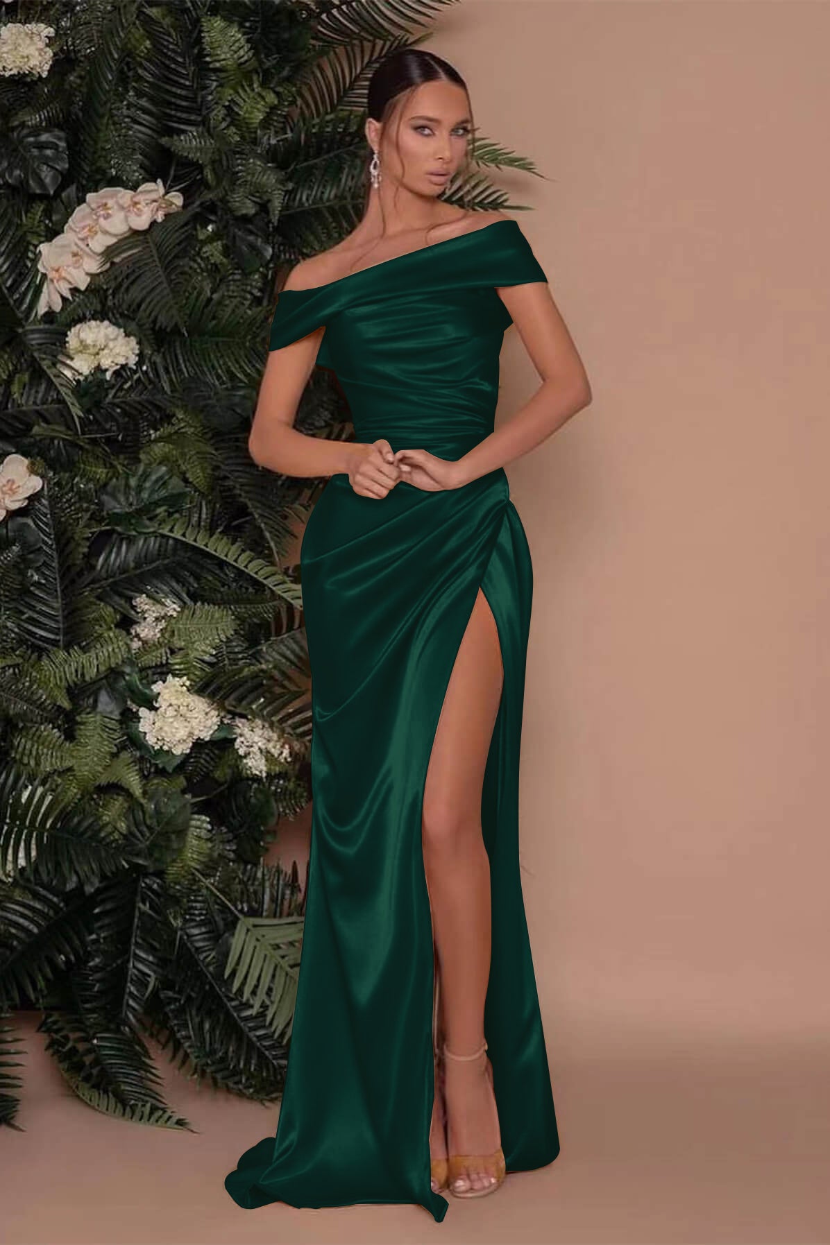 Showprettydess Champagne Off-the-Shoulder Prom Dress with Charmeuse Split Mermaid-showprettydress