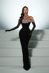 Showprettydess Charming Black Satin Long Sleeve Off-the-Shoulder Prom Dress with Beading-showprettydress