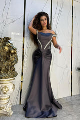 Showprettydess Charming Black Satin Off-the-Shoulder Strapless Mermaid Prom Dress with Beadings-showprettydress