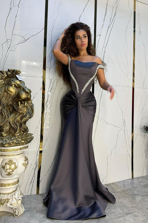 Showprettydess Charming Black Satin Off-the-Shoulder Strapless Mermaid Prom Dress with Beadings-showprettydress