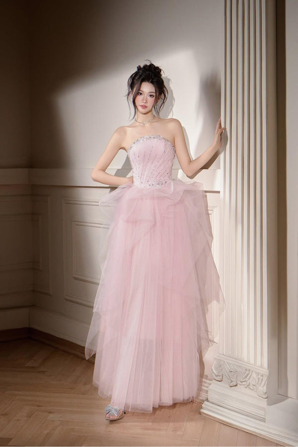 Showprettydess Charming Blushing Pink Tulle Sleeveless Strapless Ruffled Prom Dress with Sequins-showprettydress