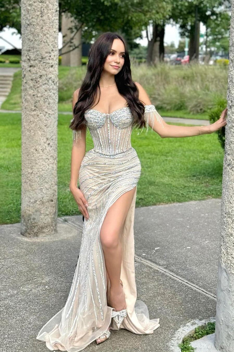 Showprettydess Charming Champagne Satin Strapless Off-the-Shoulder Sequined Prom Dress with Split-showprettydress