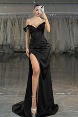 Showprettydess Charming Dark Green Satin Off-the-Shoulder Strapless Long Prom Dress with Beadings-showprettydress