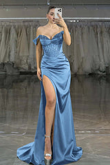 Showprettydess Charming Dark Green Satin Off-the-Shoulder Strapless Long Prom Dress with Beadings-showprettydress