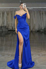 Showprettydess Charming Dark Green Satin Off-the-Shoulder Strapless Long Prom Dress with Beadings-showprettydress
