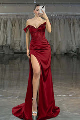 Showprettydess Charming Dark Green Satin Off-the-Shoulder Strapless Long Prom Dress with Beadings-showprettydress