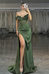 Showprettydess Charming Dark Green Satin Off-the-Shoulder Strapless Long Prom Dress with Beadings-showprettydress