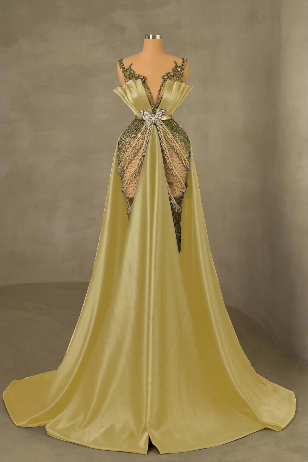 Showprettydess Charming Dark Green Satin Spaghetti Strap Pleated Mermaid Prom Dress with Beadings-showprettydress