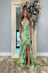 Showprettydess Charming Dusty Sage Satin Spaghetti Strap Sleeveless Long Split Prom Dress with Ruffles-showprettydress