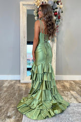 Showprettydess Charming Dusty Sage Satin Spaghetti Strap Sleeveless Long Split Prom Dress with Ruffles-showprettydress