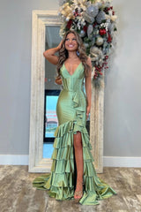 Showprettydess Charming Dusty Sage Satin Spaghetti Strap Sleeveless Long Split Prom Dress with Ruffles-showprettydress