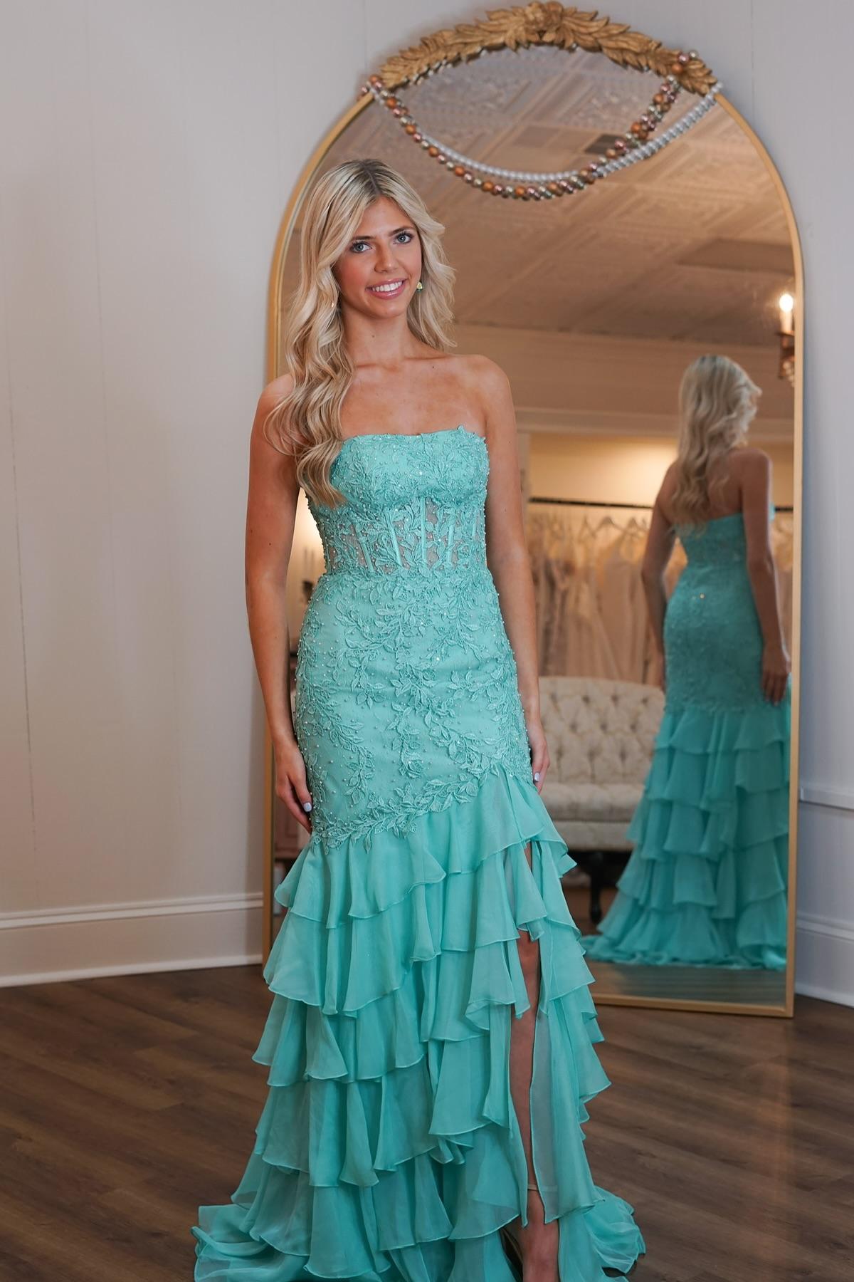 Showprettydess Charming Green Chiffon Strapless Sleeveless Applique Prom Dress with Ruffles-showprettydress