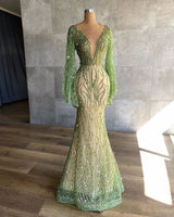 Showprettydess Charming Green Mermaid Beaded Prom Dress with Long Sleeves & Sequins-showprettydress