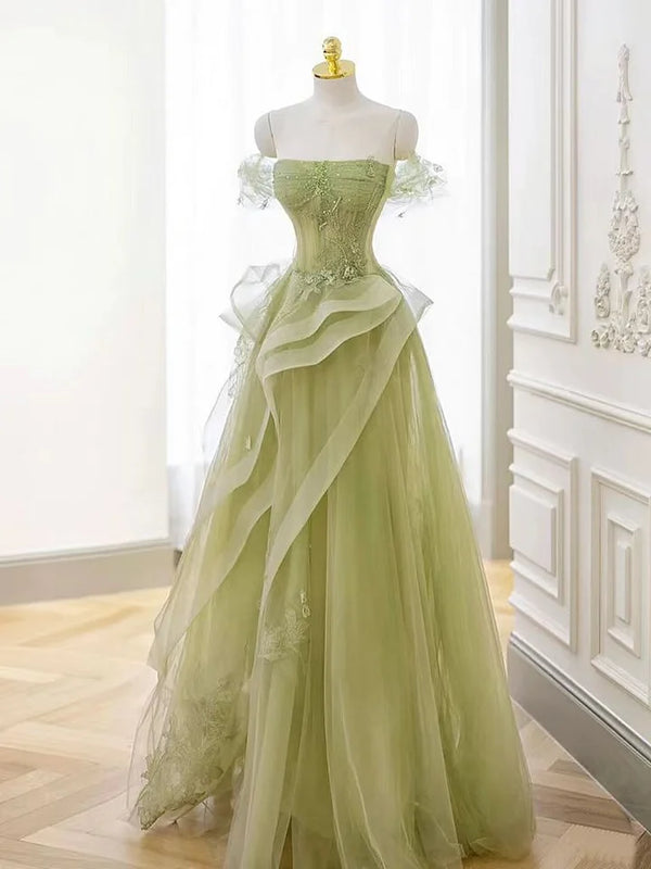 Showprettydess Charming Lace Strapless Off-the-Shoulder A-Line Long Tulle Prom Dress with Ruffle-showprettydress
