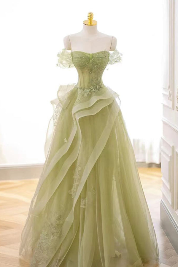 Showprettydess Charming Lace Strapless Off-the-Shoulder A-Line Long Tulle Prom Dress with Ruffle-showprettydress