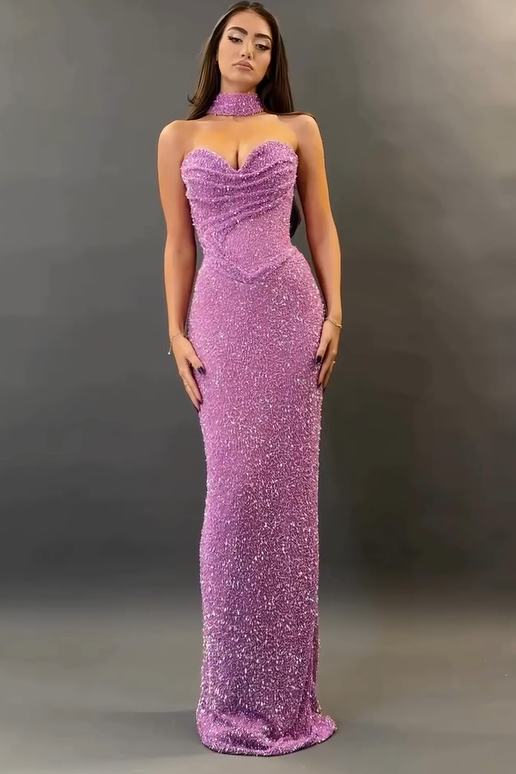 Showprettydess Charming Purple Sequined Sweetheart Sleeveless Mermaid Prom Dress with Pleats-showprettydress
