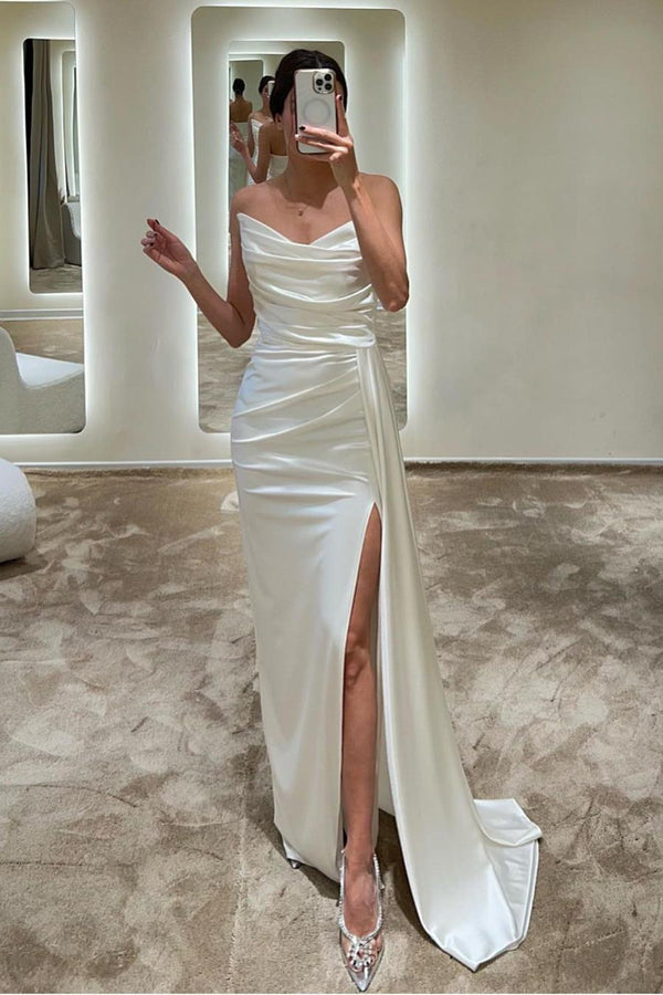 Showprettydess Charming White Satin Strapless Sleeveless Long Pleated Prom Dress with Split-showprettydress