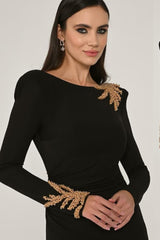 Showprettydess Chic Black Satin Long Sleeve Square Neck Prom Dress with Rhinestones-showprettydress