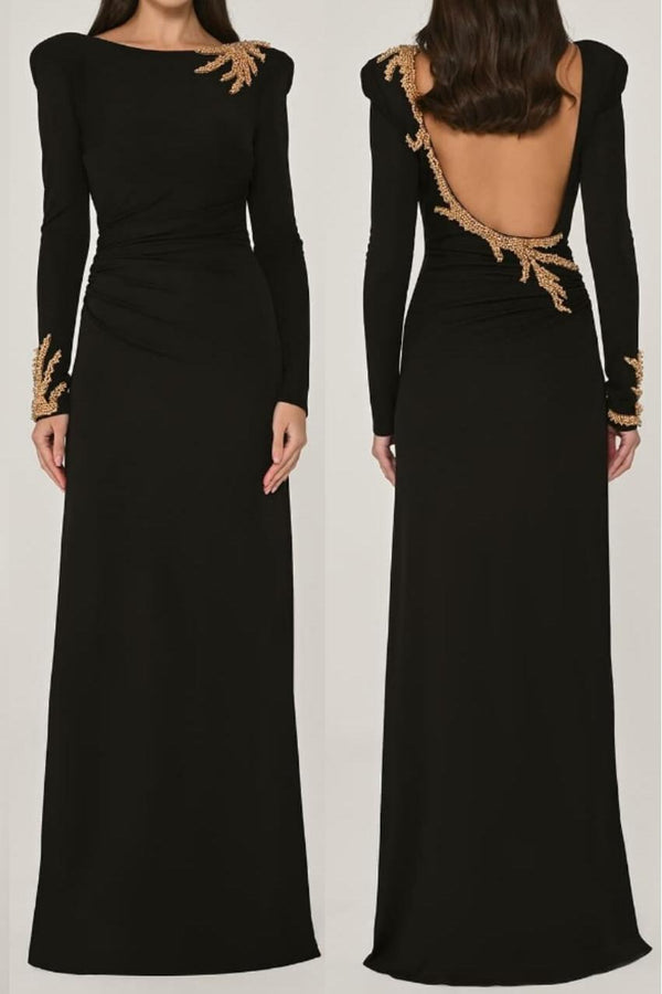 Showprettydess Chic Black Satin Long Sleeve Square Neck Prom Dress with Rhinestones-showprettydress