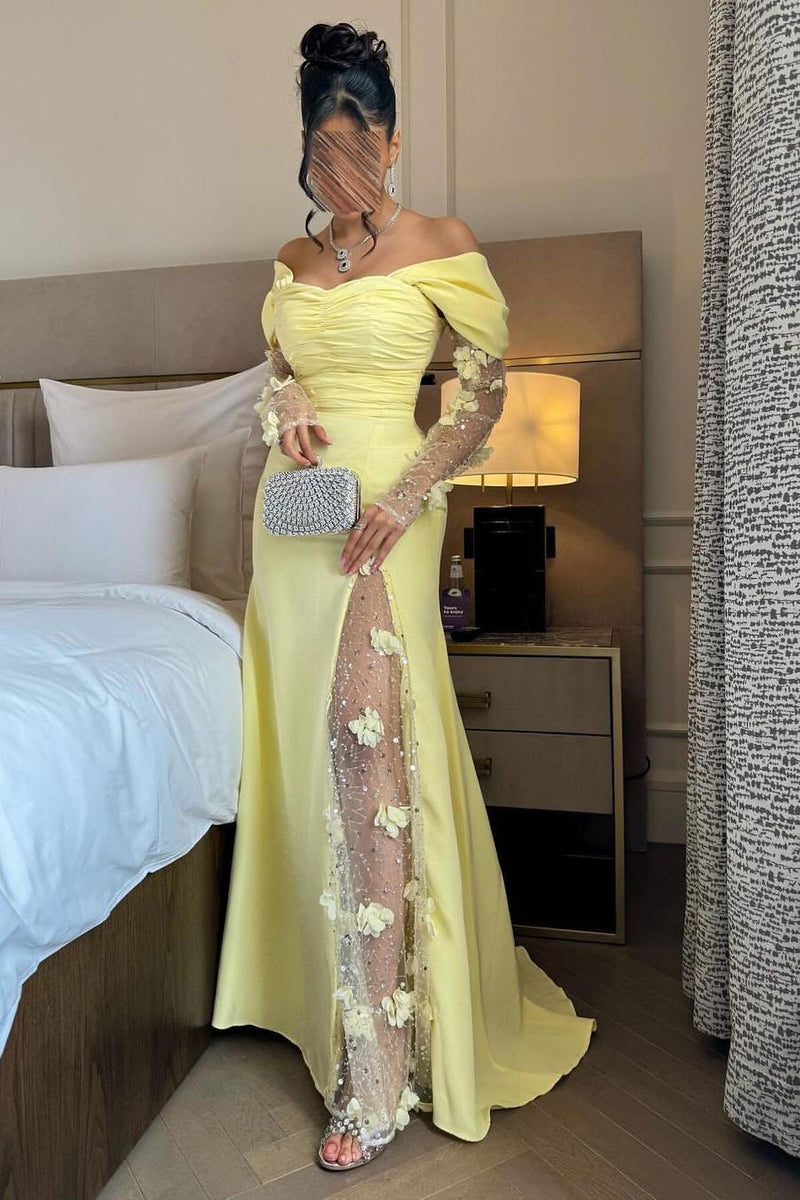 Showprettydess Chic Daffodil Satin Long Sleeves Off-the-Shoulder Pleated Prom Dress with Sequins-showprettydress