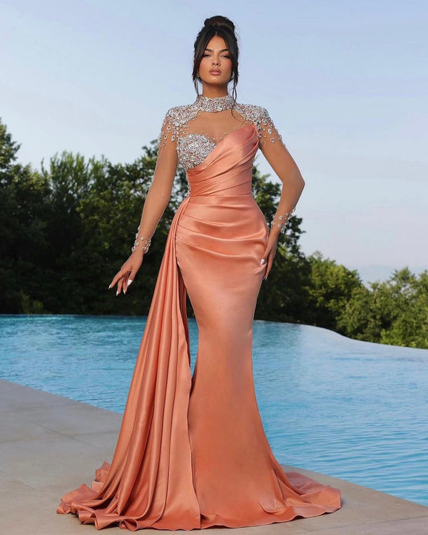 Showprettydess Chic Long Sleeve Beaded Satin Mermaid Prom Dress with Ruffles-showprettydress