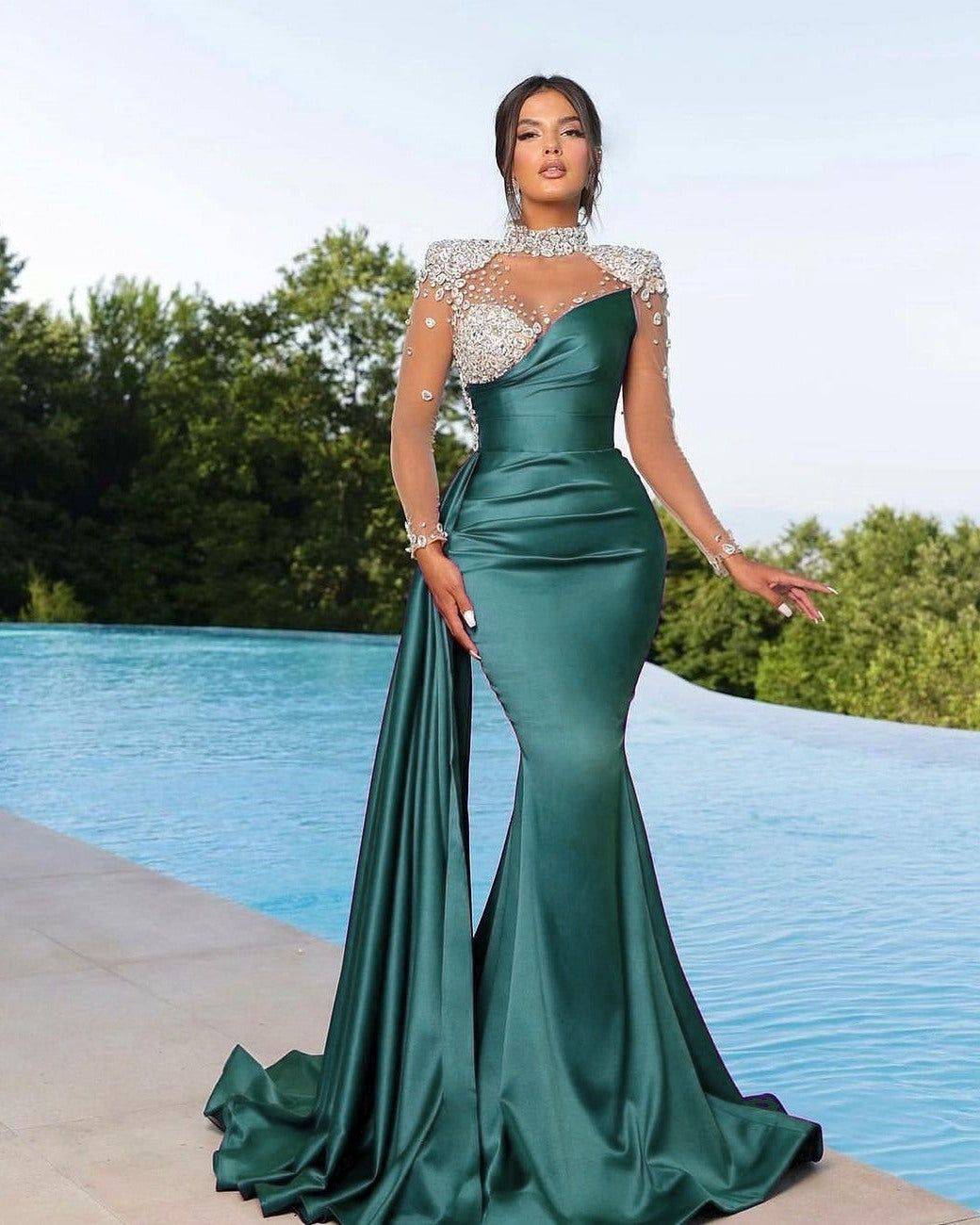 Showprettydess Chic Long Sleeve Beaded Satin Mermaid Prom Dress with Ruffles-showprettydress
