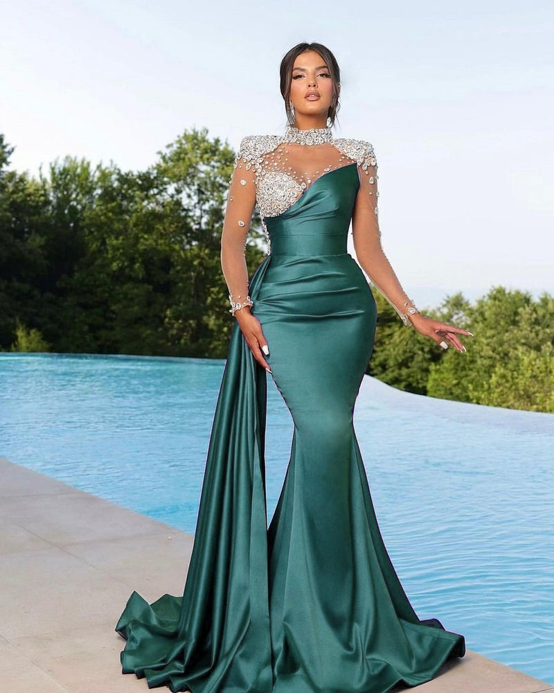 Showprettydess Chic Long Sleeve Beaded Satin Mermaid Prom Dress with Ruffles-showprettydress