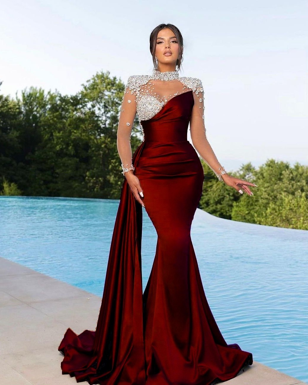Showprettydess Chic Long Sleeve Beaded Satin Mermaid Prom Dress with Ruffles-showprettydress