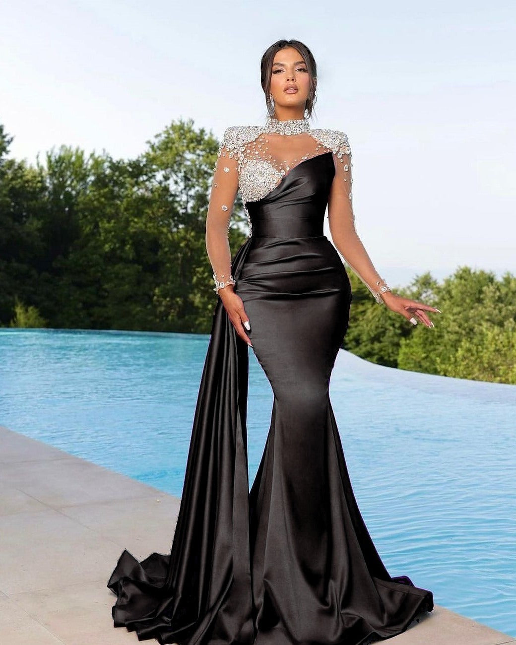 Showprettydess Chic Long Sleeve Beaded Satin Mermaid Prom Dress with Ruffles-showprettydress