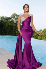 Showprettydess Chic Long Sleeve Beaded Satin Mermaid Prom Dress with Ruffles-showprettydress