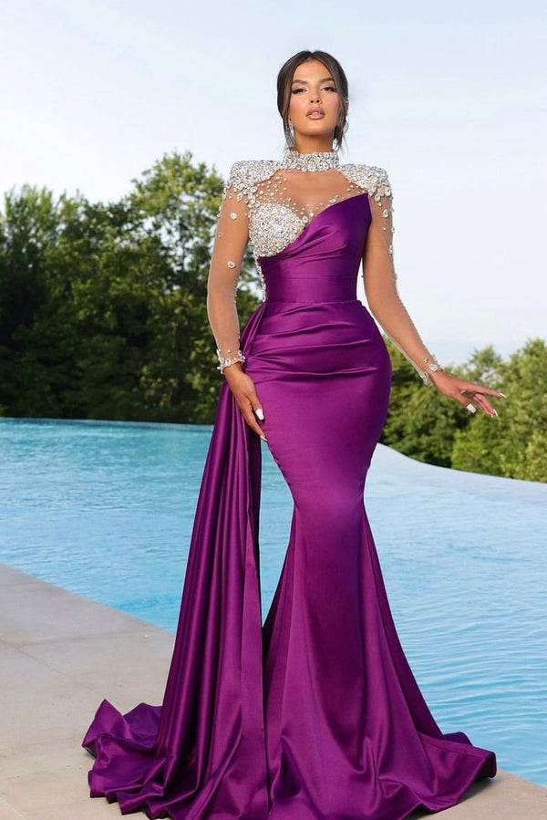 Showprettydess Chic Long Sleeve Beaded Satin Mermaid Prom Dress with Ruffles-showprettydress