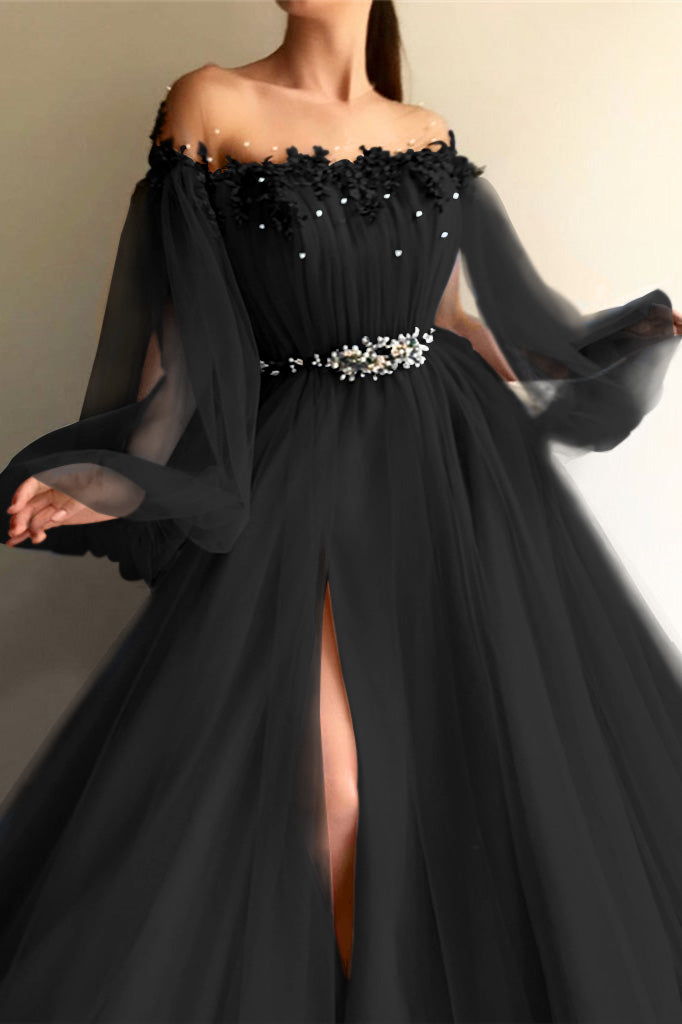 Showprettydess Chic Off-the-Shoulder Long Sleeves Elegant Evening Dresses with Beads-showprettydress