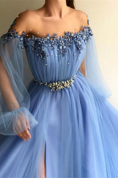 Showprettydess Chic Off-the-Shoulder Long Sleeves Elegant Evening Dresses with Beads-showprettydress