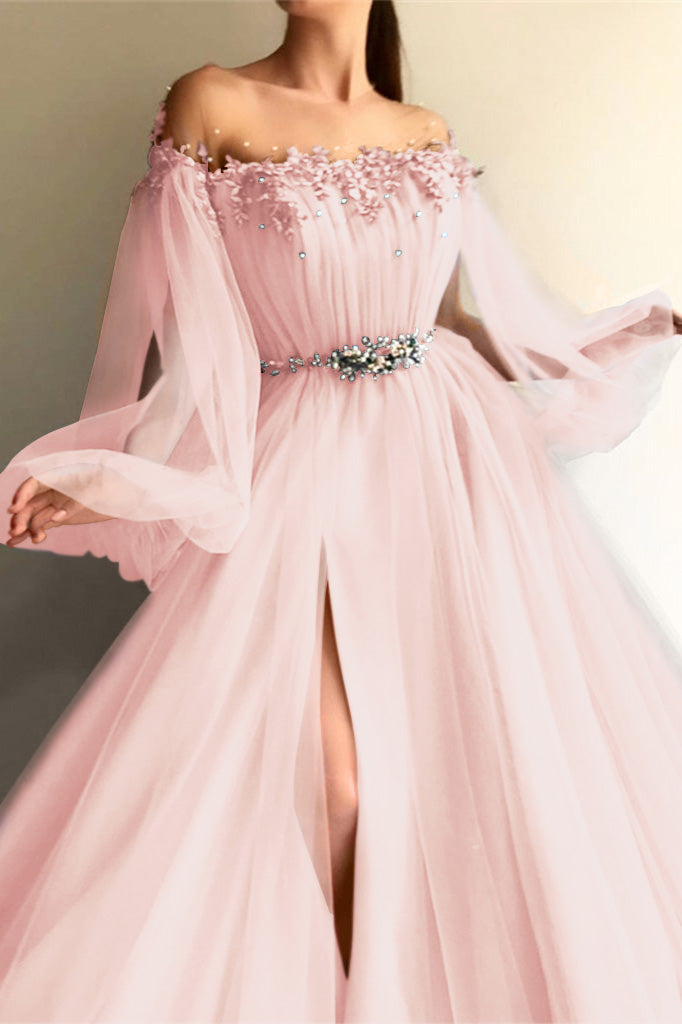 Showprettydess Chic Off-the-Shoulder Long Sleeves Elegant Evening Dresses with Beads-showprettydress