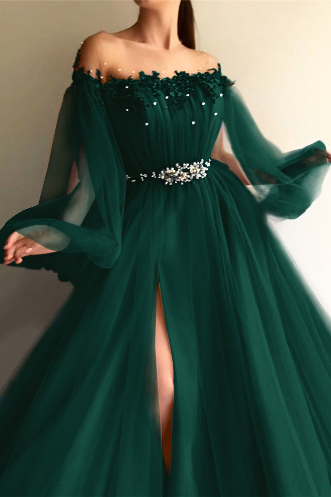 Showprettydess Chic Off-the-Shoulder Long Sleeves Elegant Evening Dresses with Beads-showprettydress