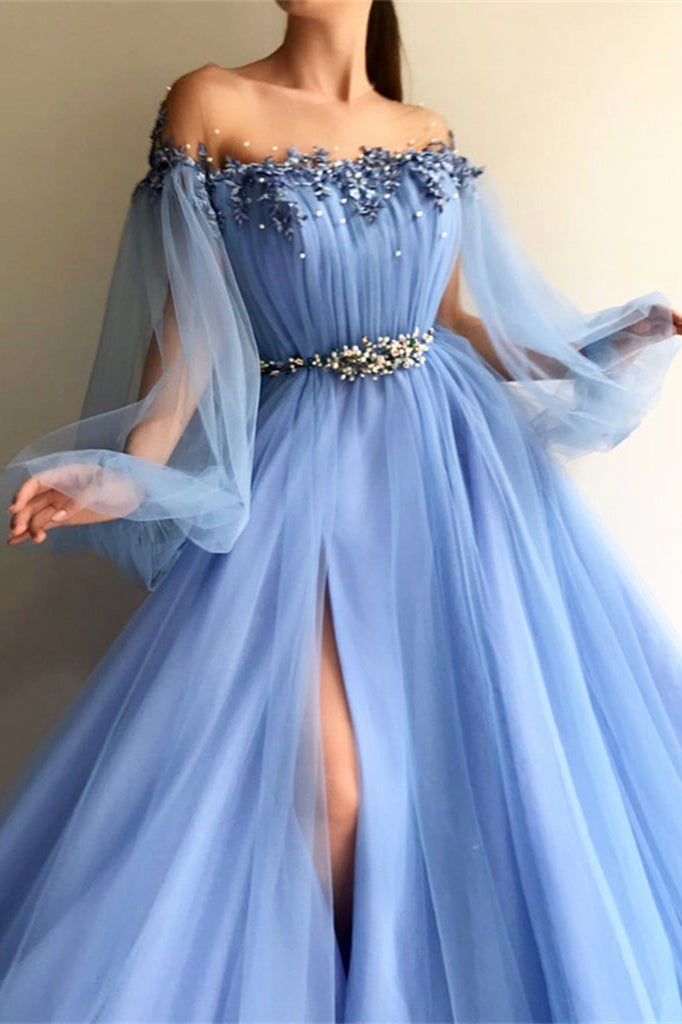 Showprettydess Chic Off-the-Shoulder Long Sleeves Elegant Evening Dresses with Beads-showprettydress