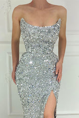 Showprettydess Chic Silver Strapless Mermaid Prom Dress with Long Split & Sequins-showprettydress