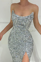 Showprettydess Chic Silver Strapless Mermaid Prom Dress with Long Split & Sequins-showprettydress