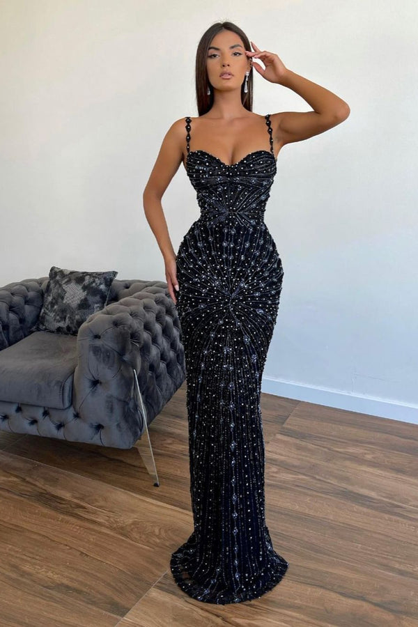 Showprettydess Chic Sleeveless Black Mermaid Prom Dress with Beading & Spaghetti Straps-showprettydress