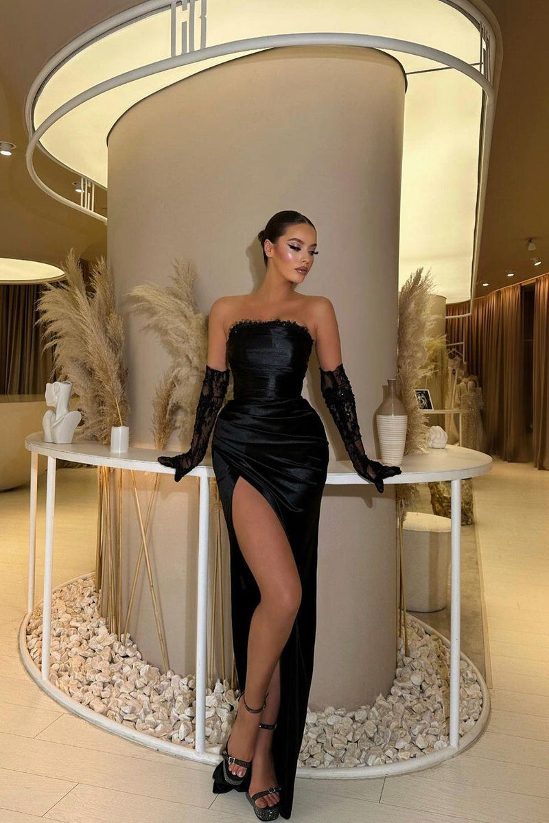 Showprettydess Chic Stain Black Strapless Classic Split Prom Dress with Gloves-showprettydress