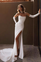 Showprettydess Chic White Satin Long Sleeves Strapless Long Pleated Prom Dress with Split-showprettydress