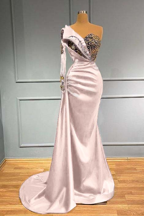 Showprettydess Dark Blue Long Sleeve One-Shoulder Mermaid Prom Dress with Beads-showprettydress