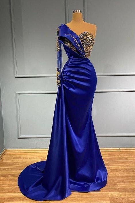 Showprettydess Dark Blue Long Sleeve One-Shoulder Mermaid Prom Dress with Beads-showprettydress
