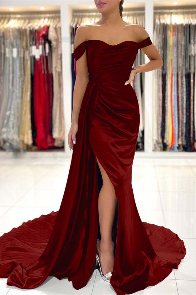 Showprettydess Dark Green Off-the-Shoulder Mermaid Prom Dress with Split & Ruffles-showprettydress