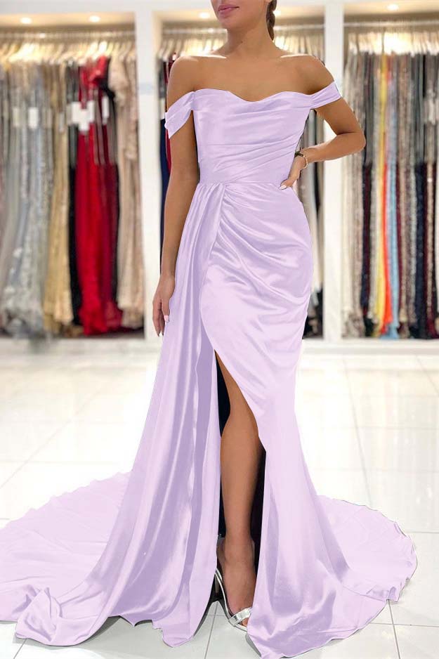 Showprettydess Dark Green Off-the-Shoulder Mermaid Prom Dress with Split & Ruffles-showprettydress